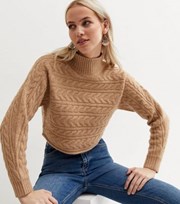 New Look Camel Cable Knit High Neck Crop Jumper